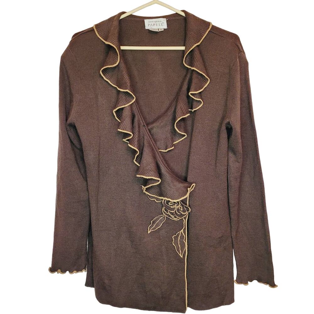 Vintage Adrianna Papell brown ruffled wool cardigan Size Med Grandmacore Retro